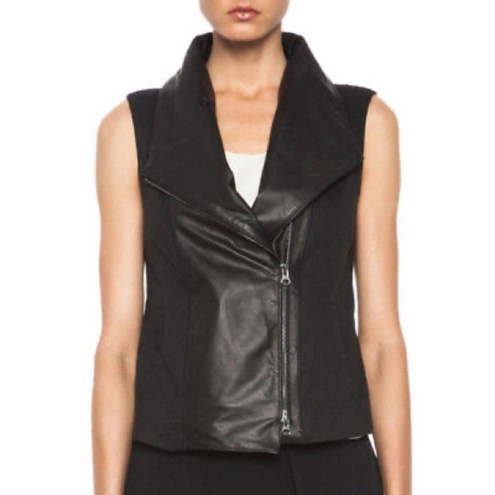 Vince Black‎ Leather Trimmed Linen Vest Sz L